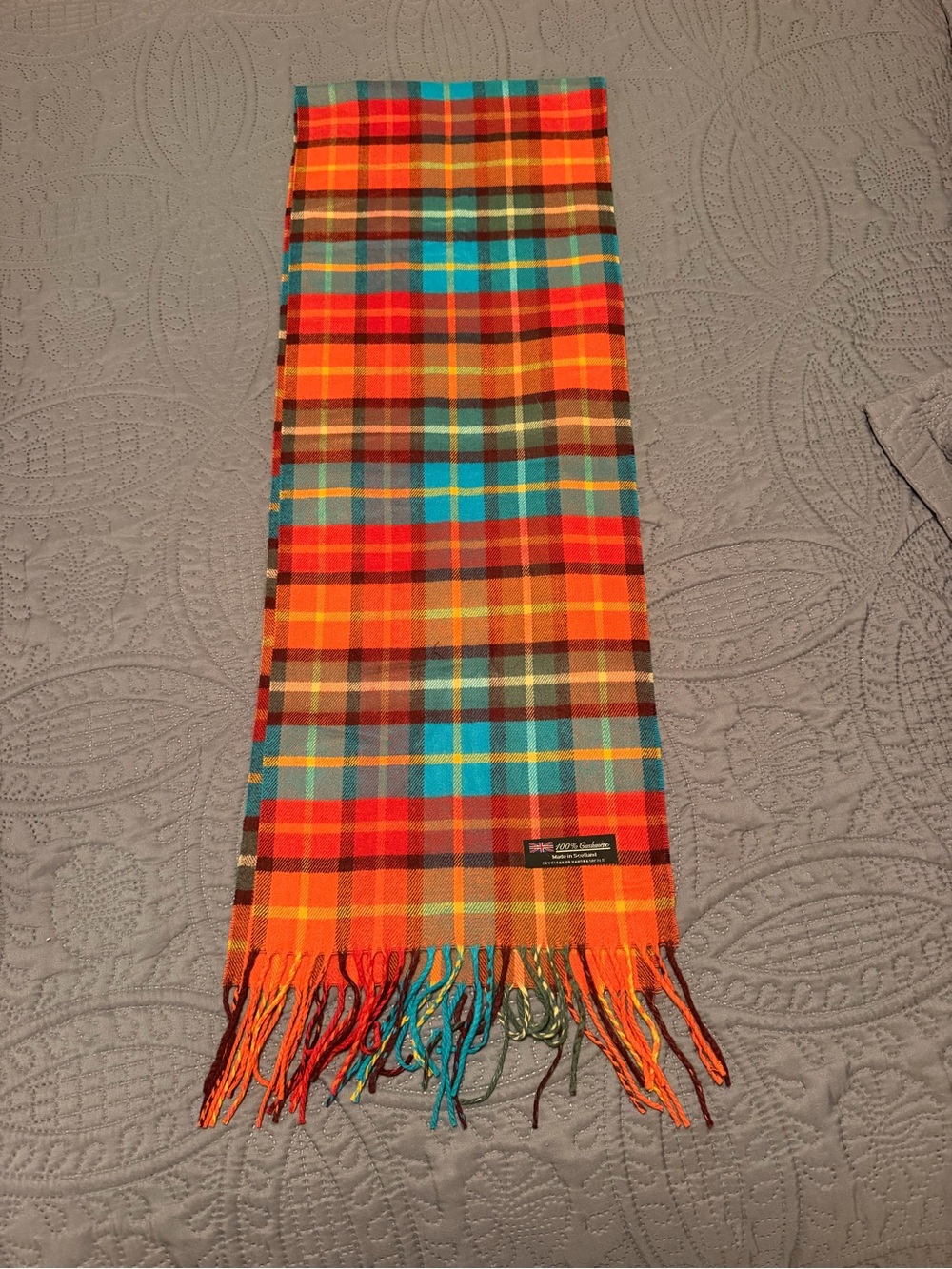 NWOT Orange Blue Plaid 100% Cashmere Scarf with Multicolor Fringe